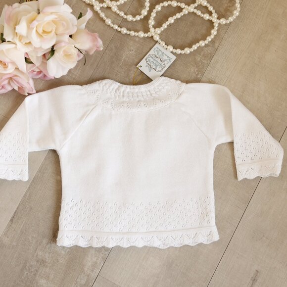 White 100% Cotton Pointelle Cardigan Sweater Newborn Feltman Brothers NWT - Picture 5 of 7